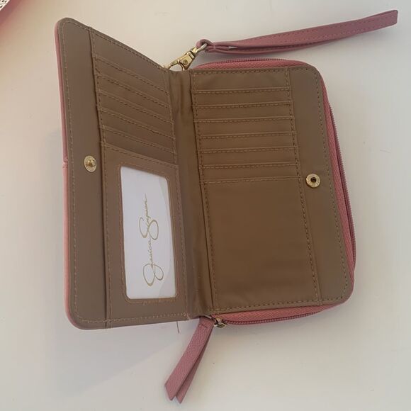 Jessica Simpson Pink Wallet Wristlet Gold Studs Holds 21 Cards - Picture 7 of 9